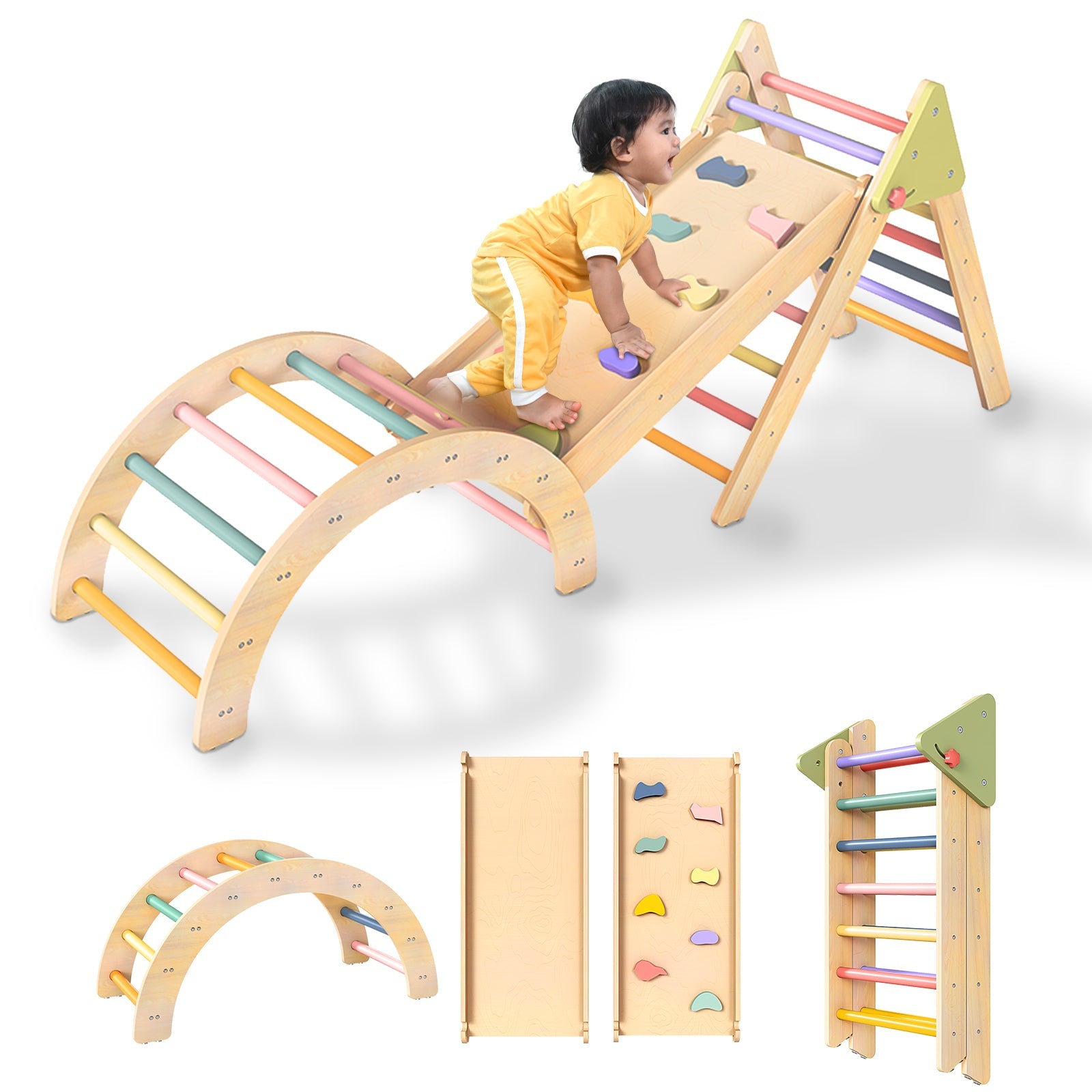 Pikler Triangle Gym Baby Climbing Toys 3 Piece, Foldable Climbing Toys for Toddlers 1-3 Inside, Montessori Toddler Climbing Toys Indoor Set