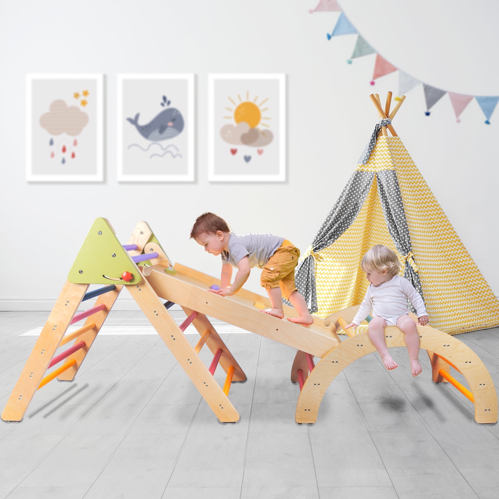 Pikler Triangle Gym Baby Climbing Toys 3 Piece, Foldable Climbing Toys for Toddlers 1-3 Inside, Montessori Toddler Climbing Toys Indoor Set