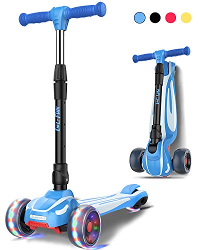 Toddler Scooter for Kids Ages 3-12 Years Old Boy Girl with 3 Wheel LED Lights. Extra-Wide Childrens Foldable Kick Scooter Kids Ages 3-5 with 4 Adjustable Height and Lean-to-Steer