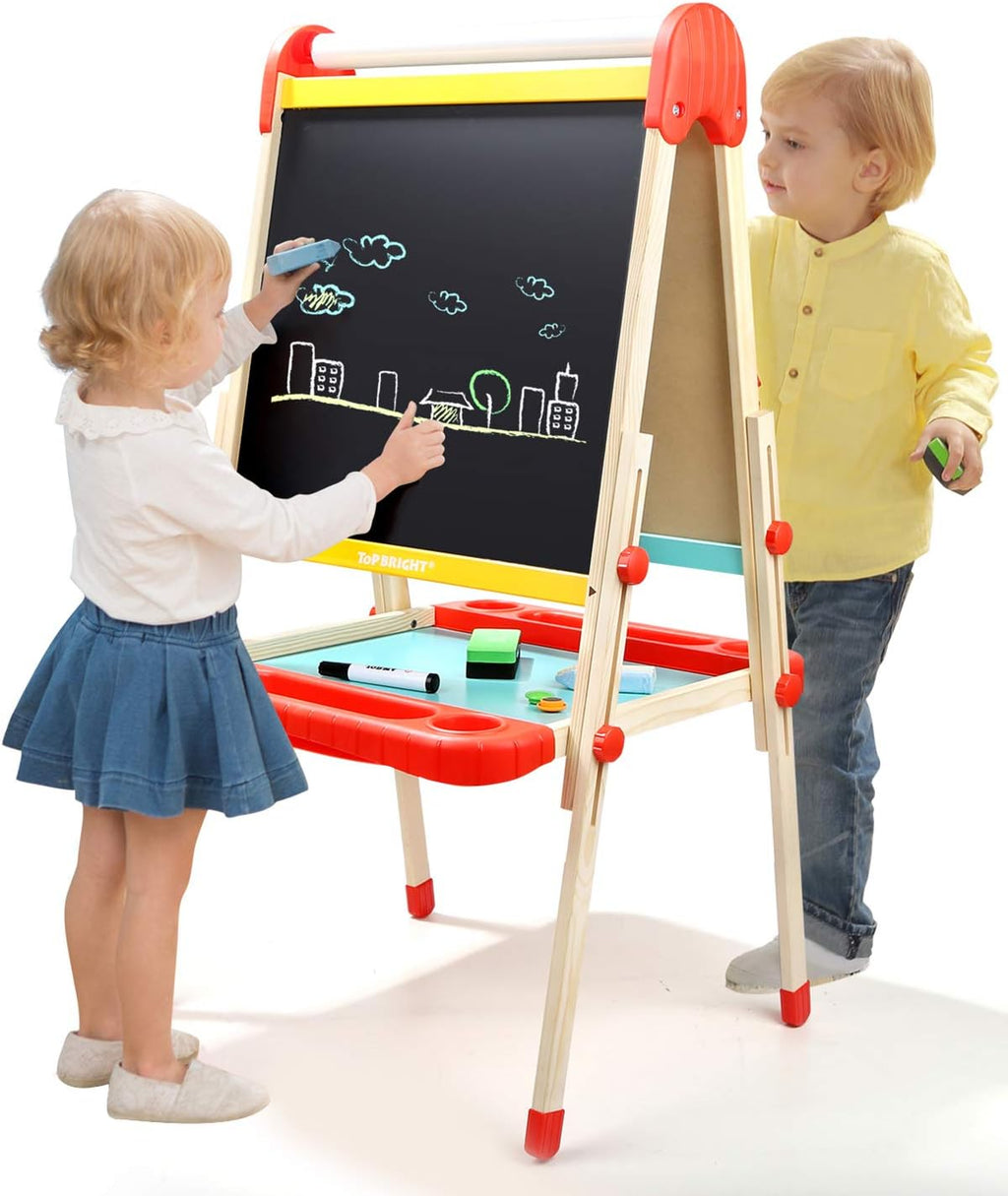 Wooden Art Easel for Kids, Toddler Easel Adjustable with Painting Whiteboard, Child Easel with Magnetic Blackboard
