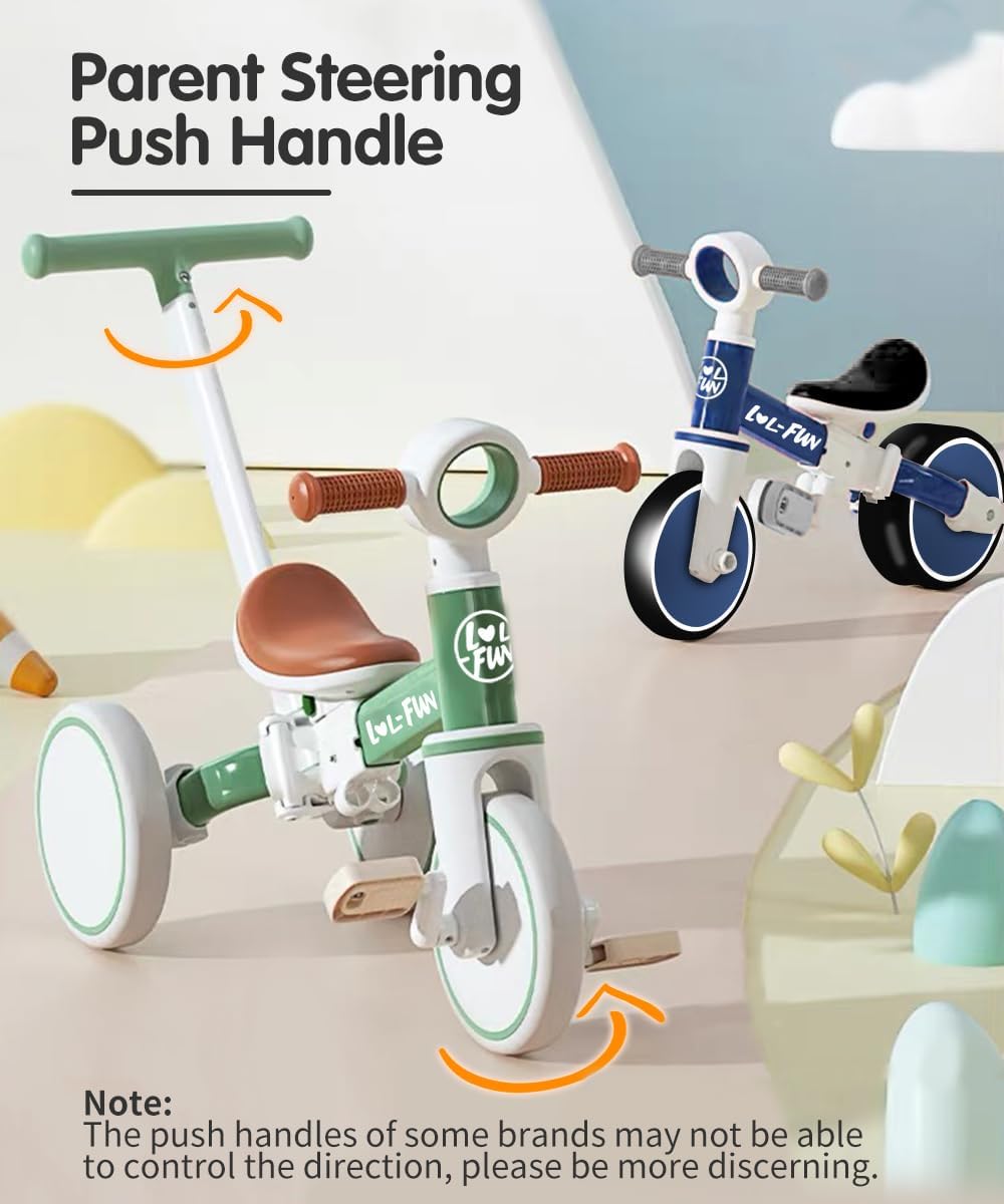 5 in 1 Toddler Tricycles for 1-3 Year Olds Boys Girls Toy with Parent Steering Push Handle, Baby Balance Bike 1 Year Old Kids Gift
