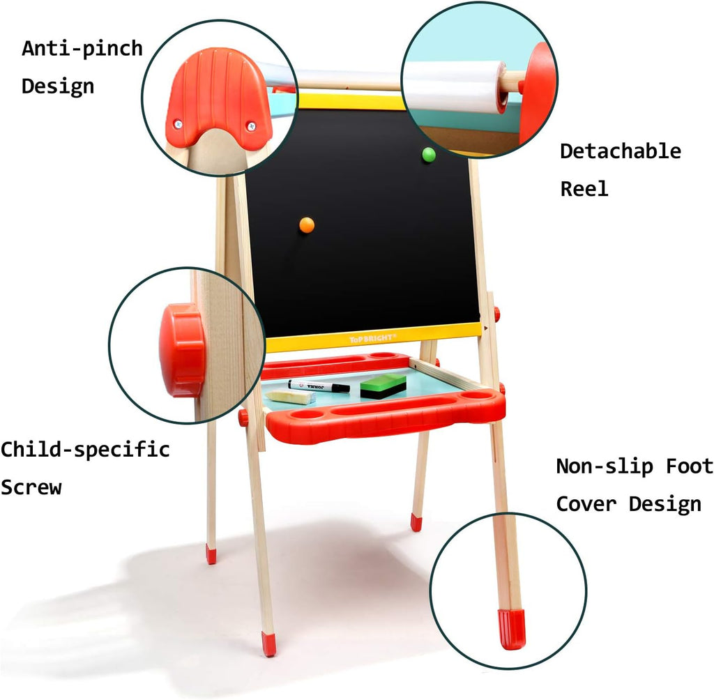 Wooden Art Easel for Kids, Toddler Easel Adjustable with Painting Whiteboard, Child Easel with Magnetic Blackboard
