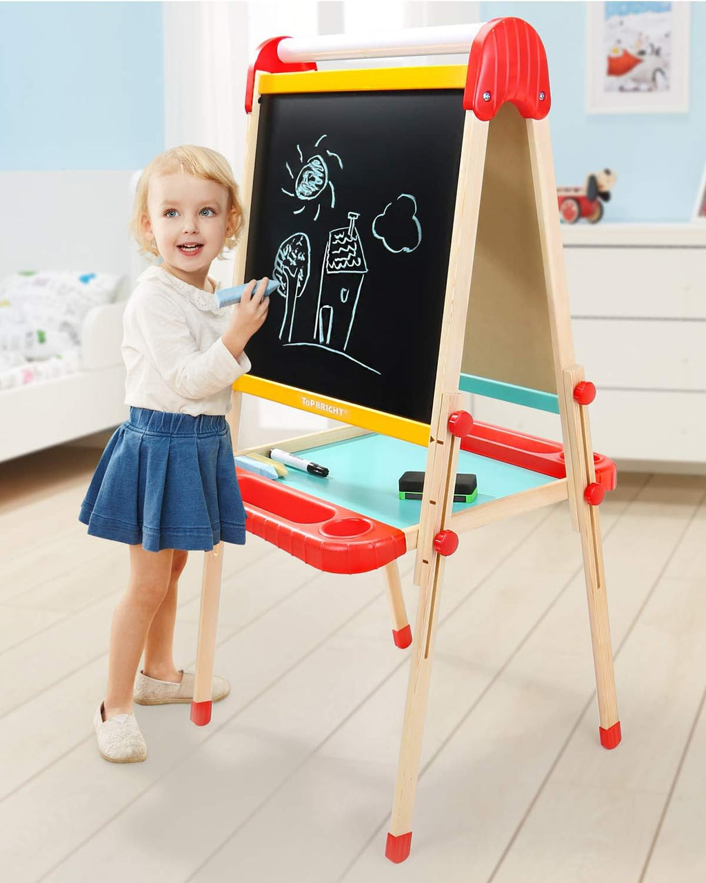 Wooden Art Easel for Kids, Toddler Easel Adjustable with Painting Whiteboard, Child Easel with Magnetic Blackboard