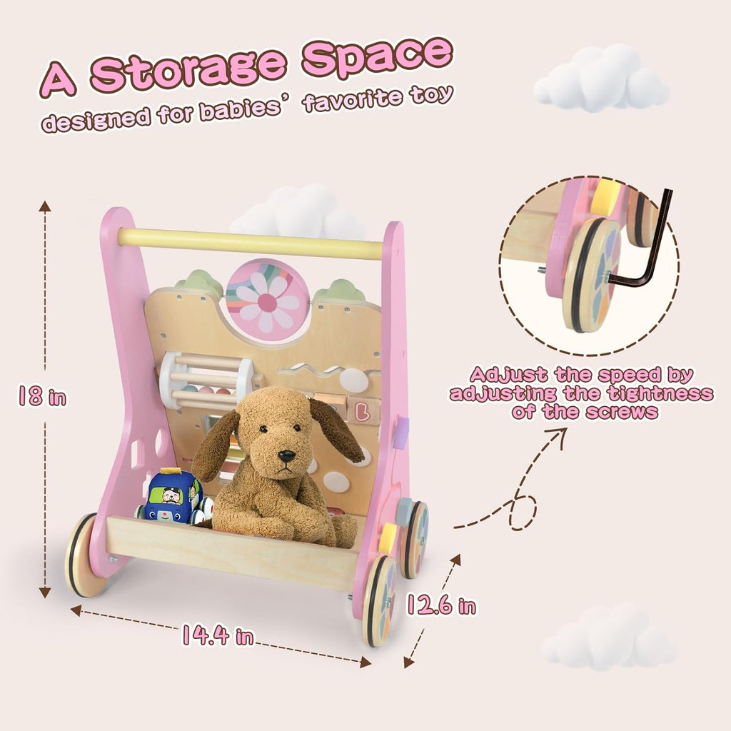 Wooden Baby Walker for Girls with Wheels, Baby Push Walker for Baby Girl 12 Months, Pink Baby Walker Push Toy for 1 Year Old Walking