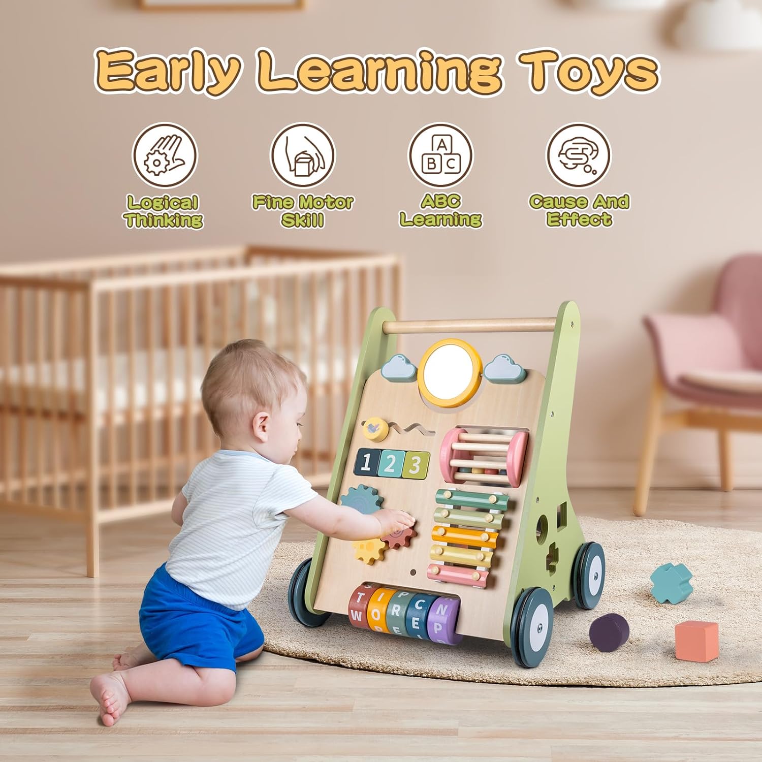 Wooden Baby Walker with Wheels, Baby Walker for Boys 6-12 Months Push Toy, Montessori Walking Toys for 1 Year Old Activity Center