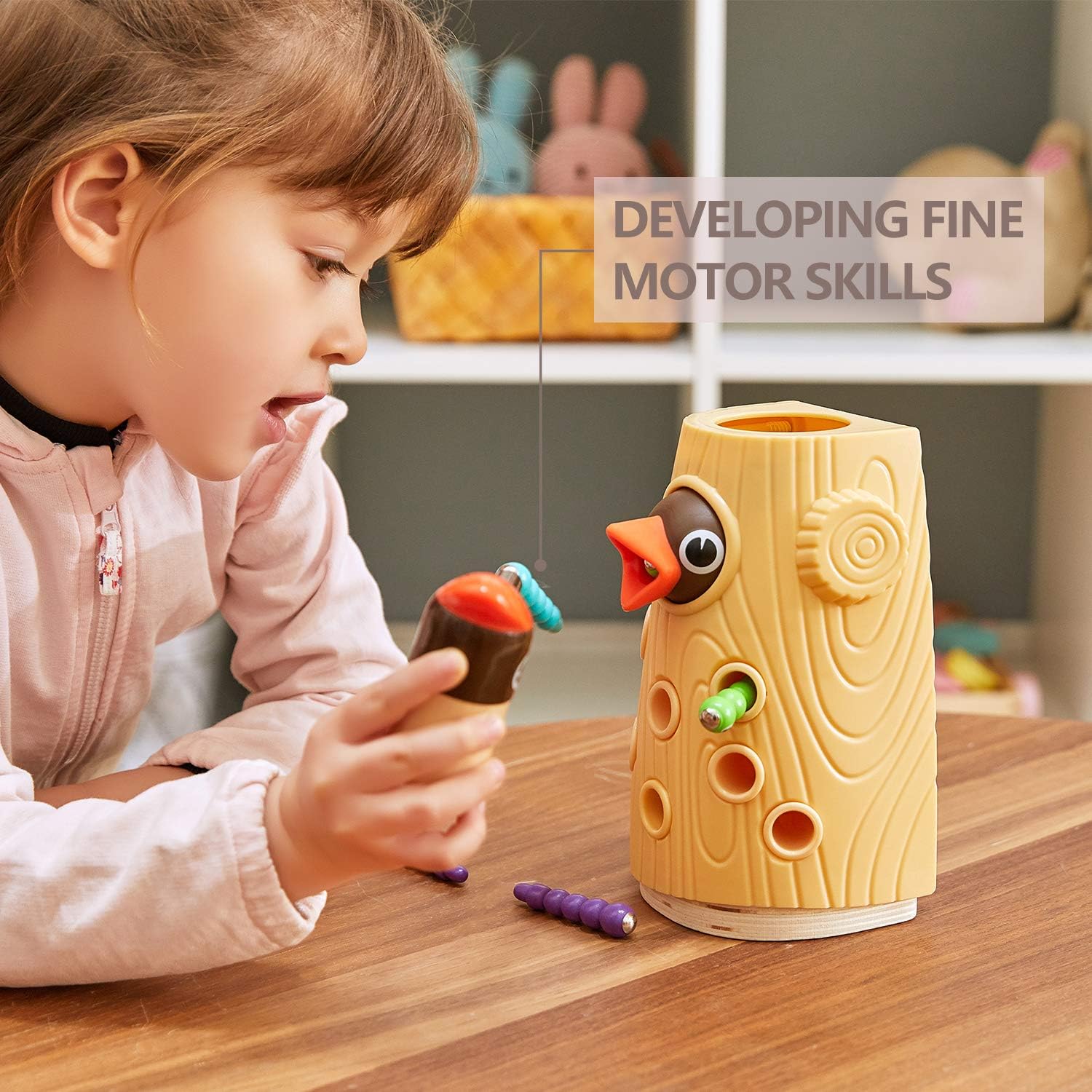 Montessori Toys for 2 Year Old Girl and Boy, Fine Motor Skills Toddler Toys Age 2-4, Woodpecker Worm Toy Magnetic Bird Feeding Game