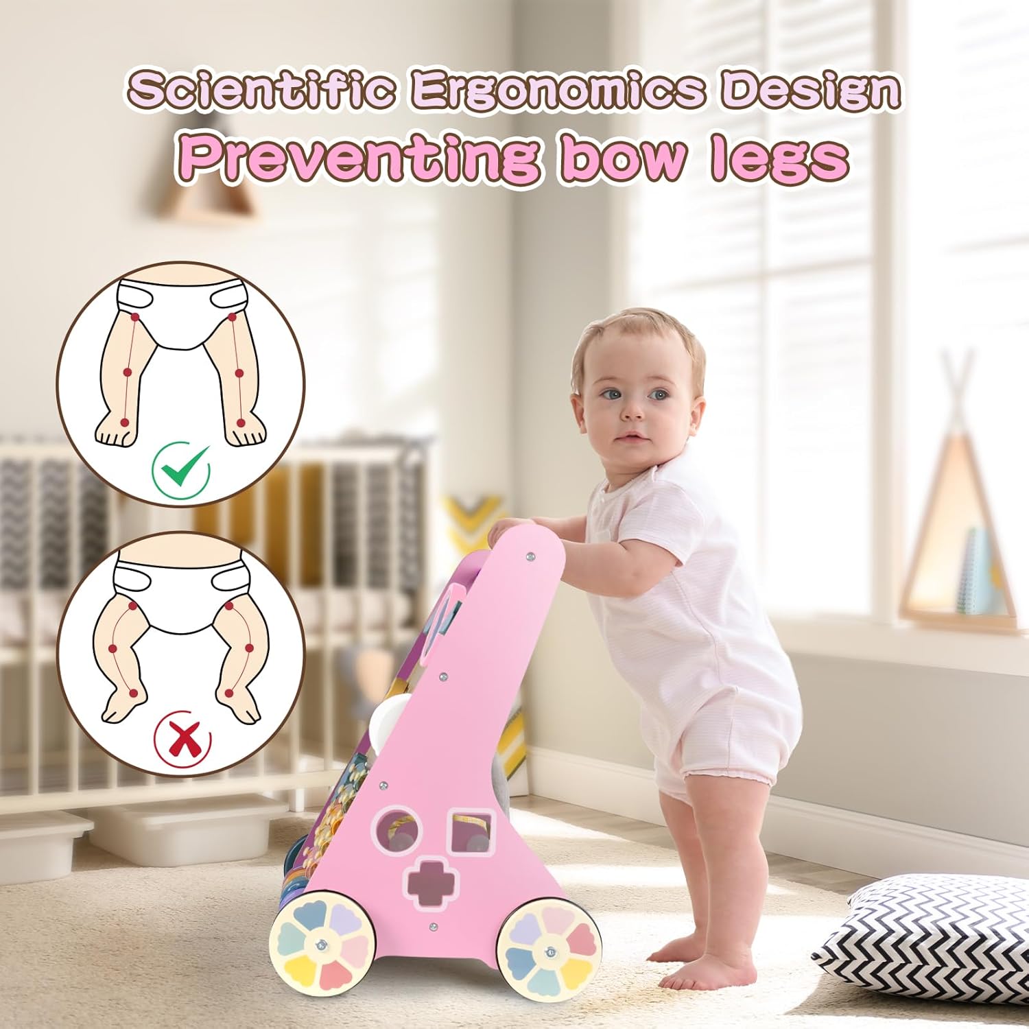 Wooden Baby Walker for Girls with Wheels, Baby Push Walker for Baby Girl 12 Months, Pink Baby Walker Push Toy for 1 Year Old Walking