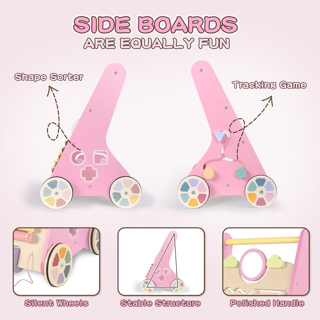 Wooden Baby Walker for Girls with Wheels, Baby Push Walker for Baby Girl 12 Months, Pink Baby Walker Push Toy for 1 Year Old Walking