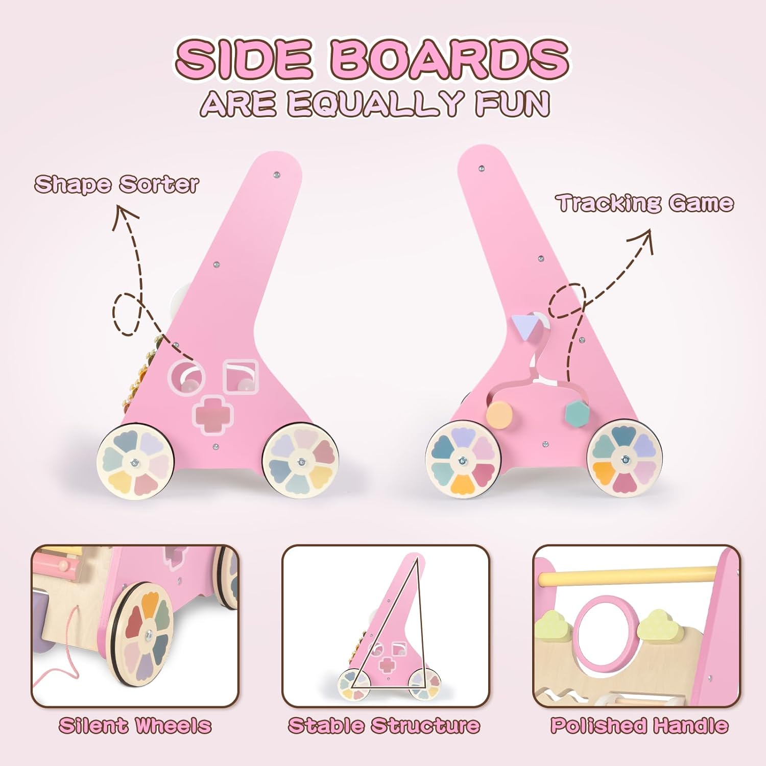 Wooden Baby Walker for Girls with Wheels, Baby Push Walker for Baby Girl 12 Months, Pink Baby Walker Push Toy for 1 Year Old Walking