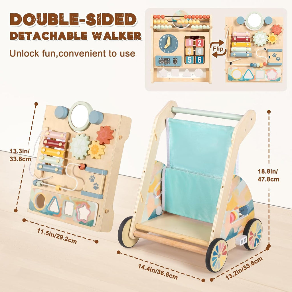 Wooden Baby Walker with Double-Sided Busy Board, Push Walker for Baby with Adjustable Speed Wheels, Activity Learning Walker for Boys 6-12 Months