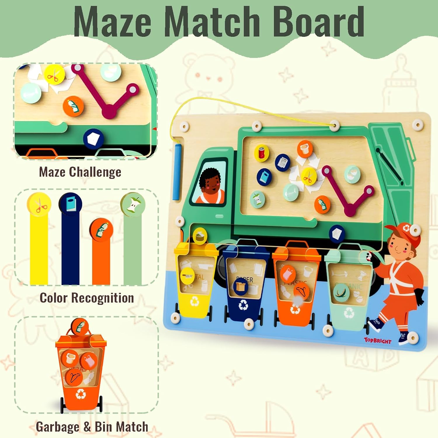 Magnetic Color Maze Sorting Game Montessori Toys for 3+ Year Old, Wooden Garbage Magnet Educational Learning Toys, Toddler Travel Toys Fine Motor Skills for Boys Girls