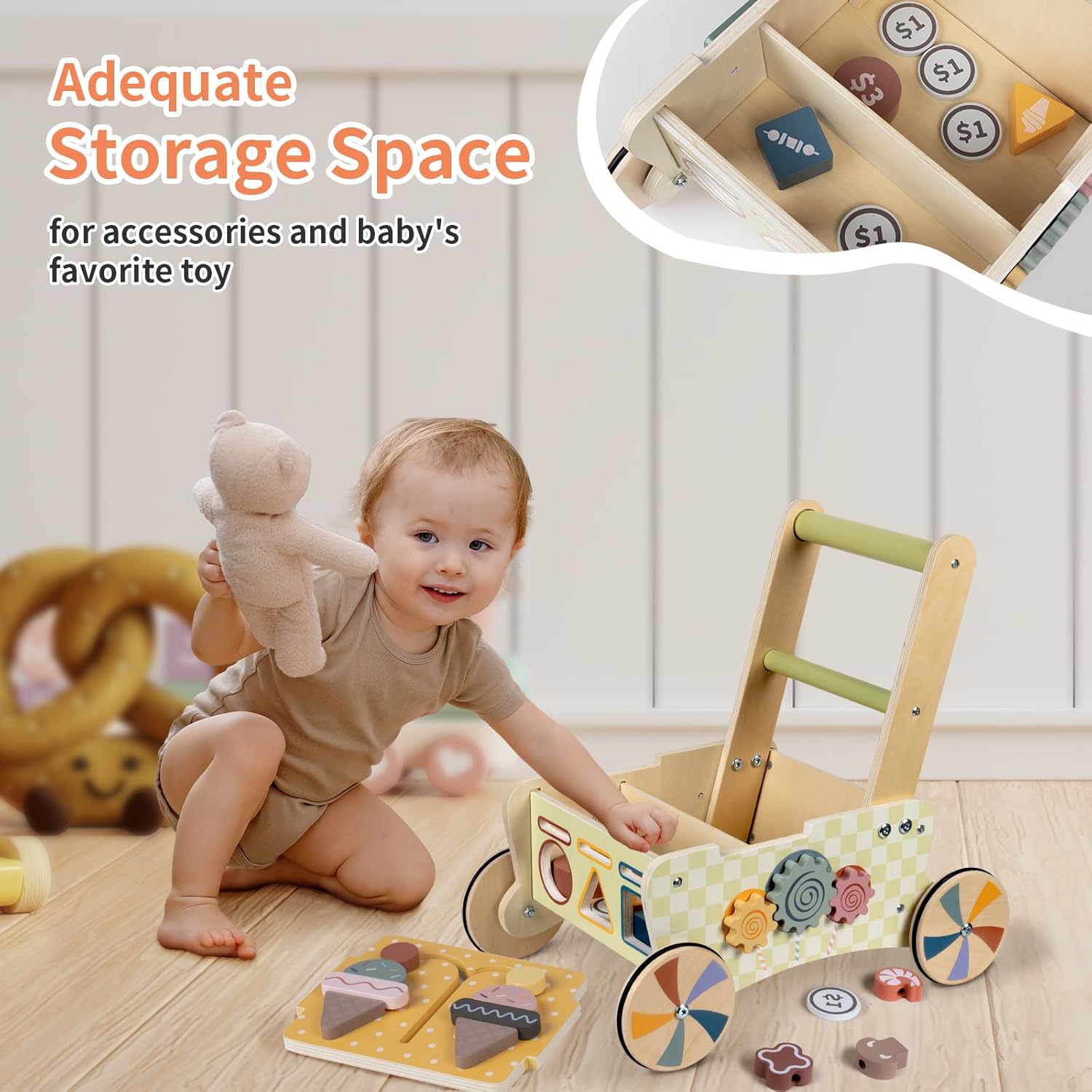 Wooden Baby Walker with Wheels, Baby Push Walker for Baby Girl and Boy 12 Months, Walking Push Toys 1 Year Old Girl Boy Gifts