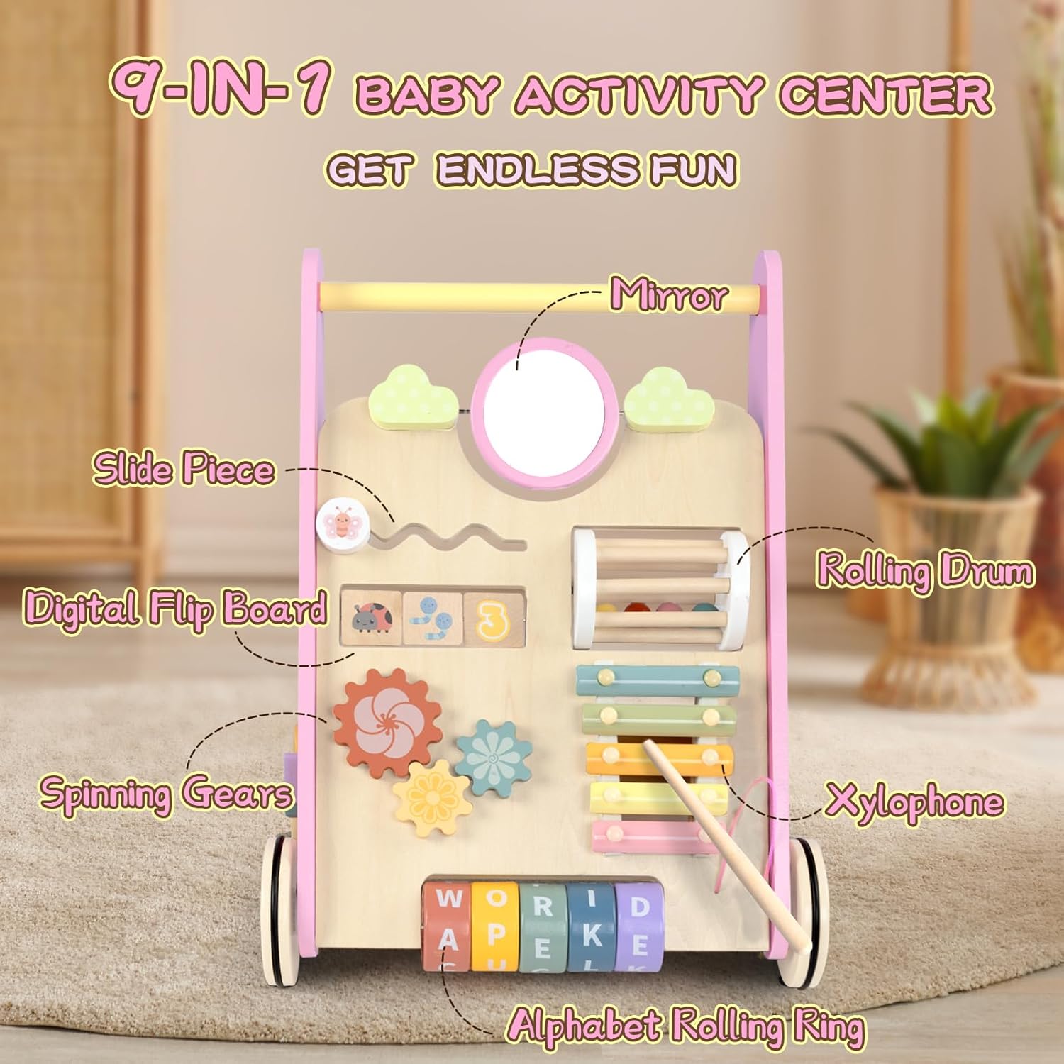 Wooden Baby Walker for Girls with Wheels, Baby Push Walker for Baby Girl 12 Months, Pink Baby Walker Push Toy for 1 Year Old Walking