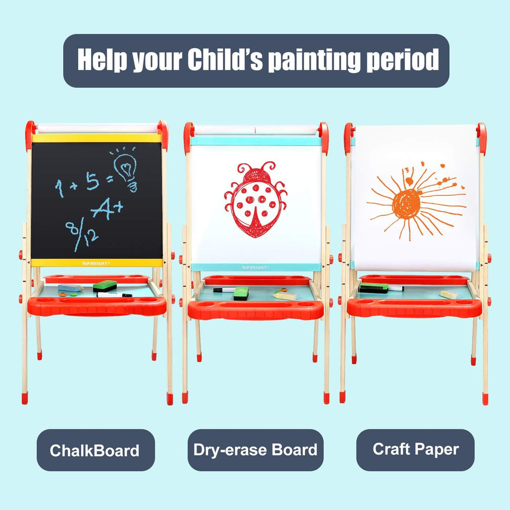 Wooden Art Easel for Kids, Toddler Easel Adjustable with Painting Whiteboard, Child Easel with Magnetic Blackboard