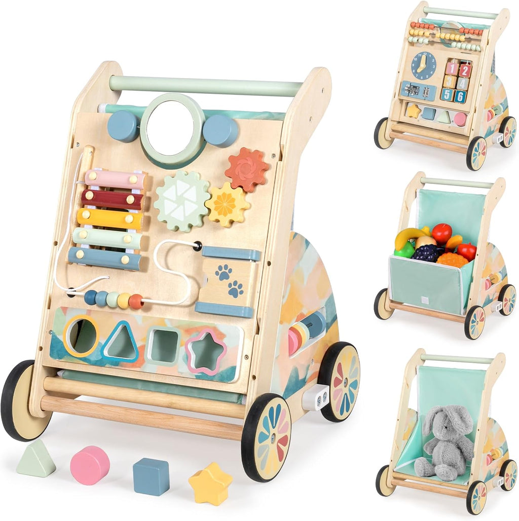 Wooden Baby Walker with Double-Sided Busy Board, Push Walker for Baby with Adjustable Speed Wheels, Activity Learning Walker for Boys 6-12 Months