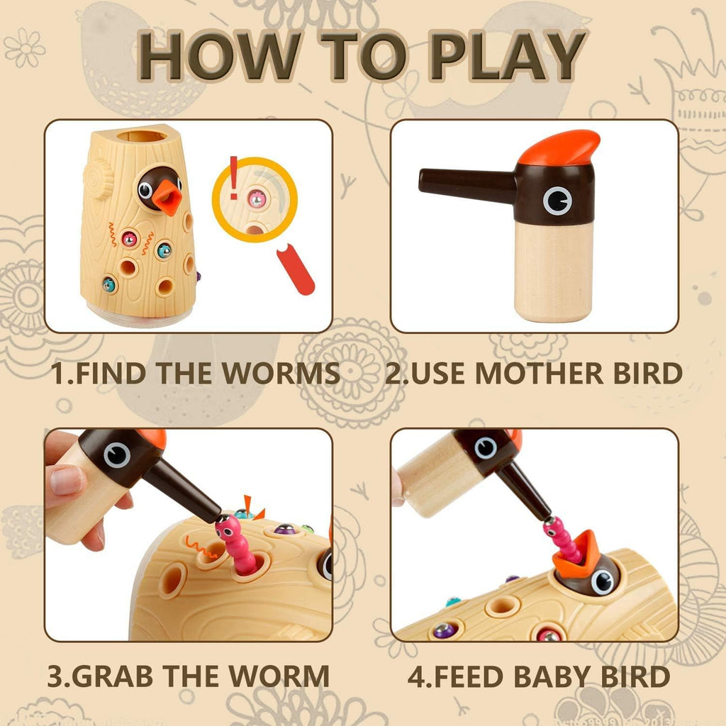 Montessori Toys for 2 Year Old Girl and Boy, Fine Motor Skills Toddler Toys Age 2-4, Woodpecker Worm Toy Magnetic Bird Feeding Game