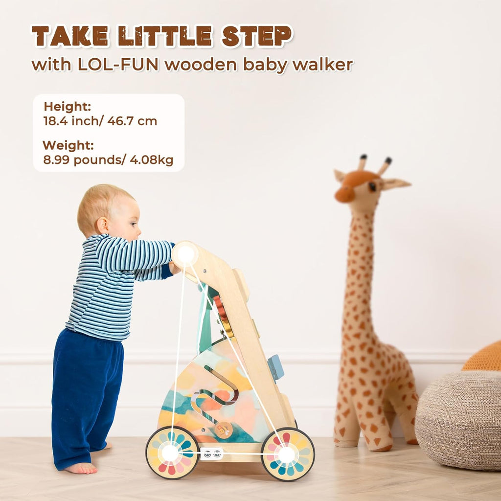 Wooden Baby Walker with Double-Sided Busy Board, Push Walker for Baby with Adjustable Speed Wheels, Activity Learning Walker for Boys 6-12 Months