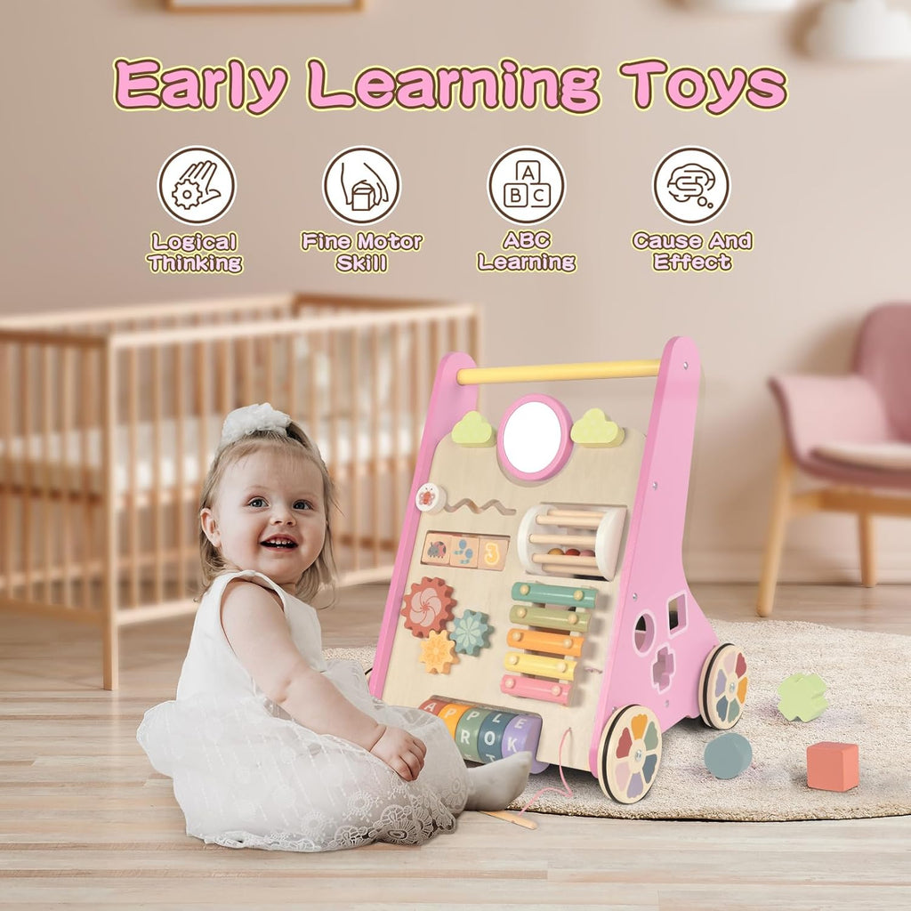 Wooden Baby Walker for Girls with Wheels, Baby Push Walker for Baby Girl 12 Months, Pink Baby Walker Push Toy for 1 Year Old Walking