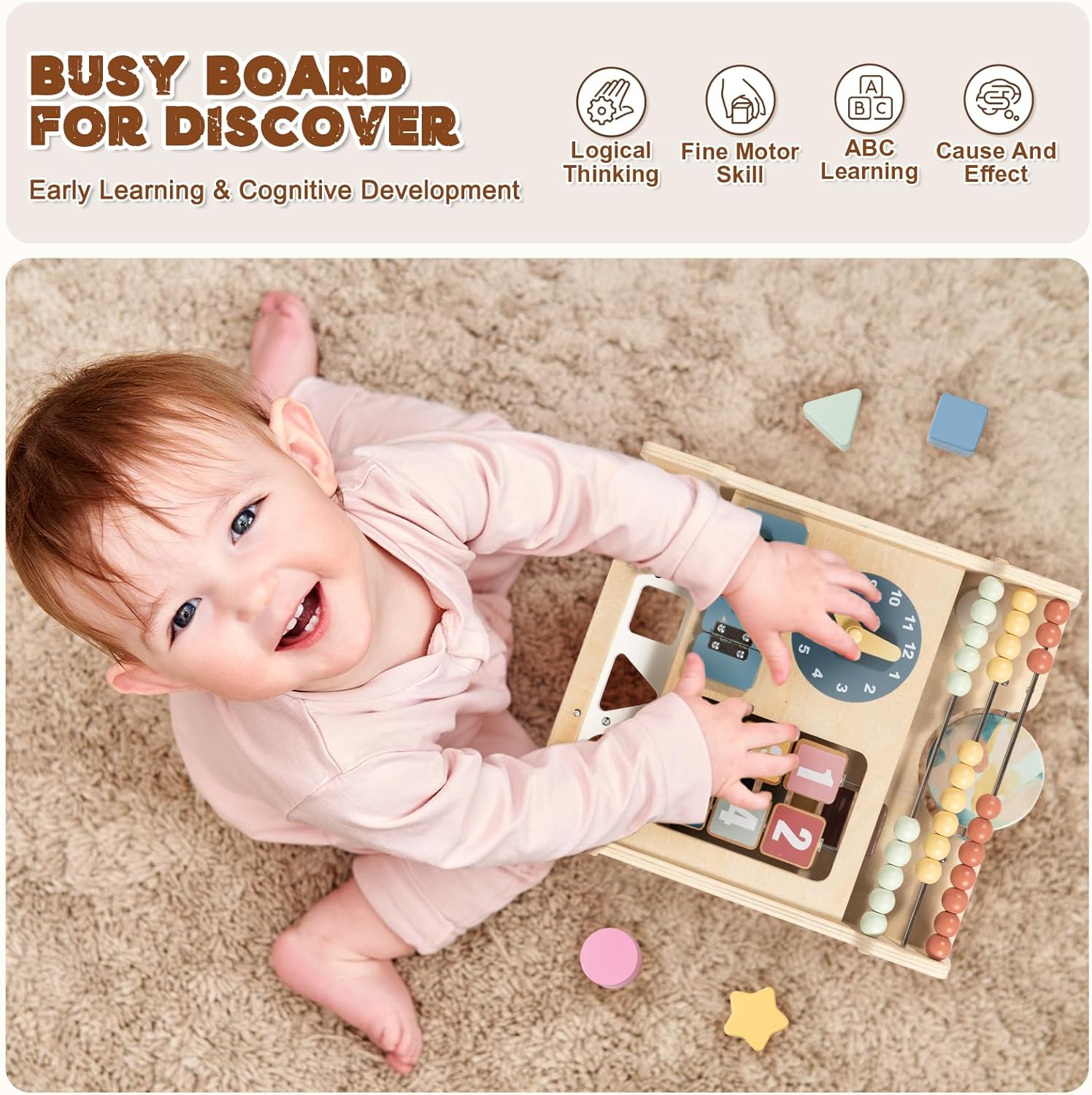 Wooden Baby Walker with Double-Sided Busy Board, Push Walker for Baby with Adjustable Speed Wheels, Activity Learning Walker for Boys 6-12 Months