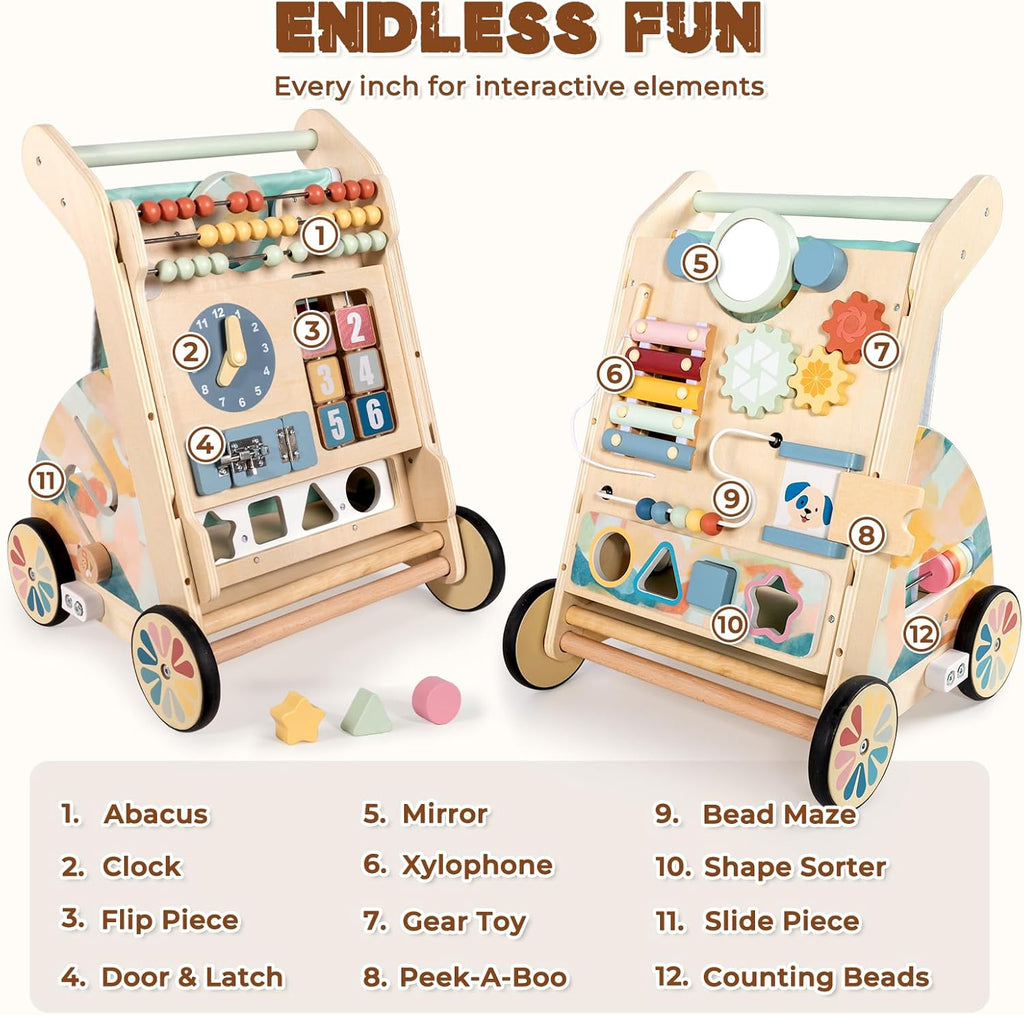 Wooden Baby Walker with Double-Sided Busy Board, Push Walker for Baby with Adjustable Speed Wheels, Activity Learning Walker for Boys 6-12 Months