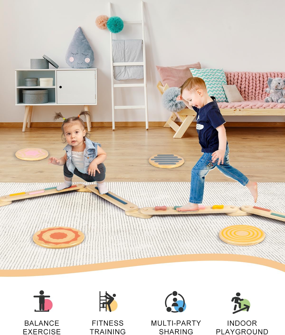 Toddler Balance Beam for Kids 3-5 Montessori, Wooden Kids Balance Beam Stepping Stones, Balance Beam Toddler Obstacle Course for Kids 1-3