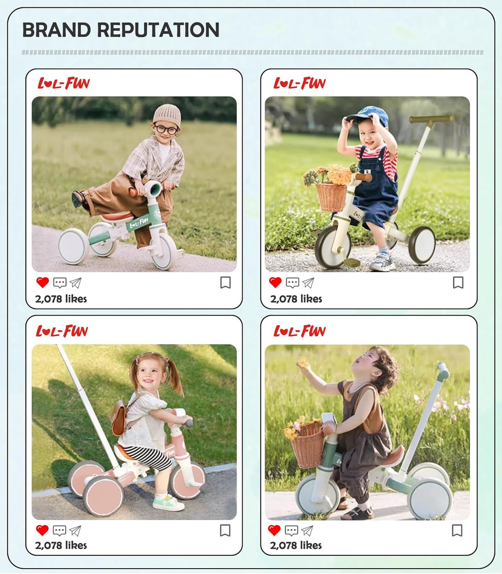 5 in 1 Toddler Tricycles for 1-3 Year Olds Boys Girls Toy with Parent Steering Push Handle, Baby Balance Bike 1 Year Old Kids Gift