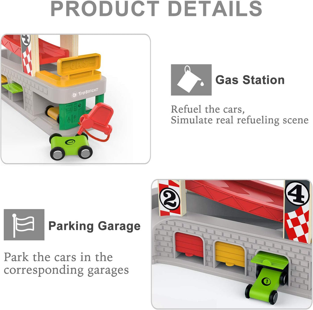 Car Ramp Toy for 2 3 Year Old Boy Gifts, Toddler Race Track Toy for 18 Month Old with 4 Wooden Cars and 3 Car Garage