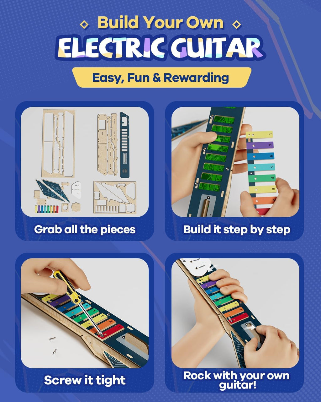 Kids Electric Guitar Toy DIY Assembly Kit for Ages 3-8, STEM Learning Musical Instrument, Easy to Build, Music Education Gift for 5 6 7 8 9 Boys & Girls