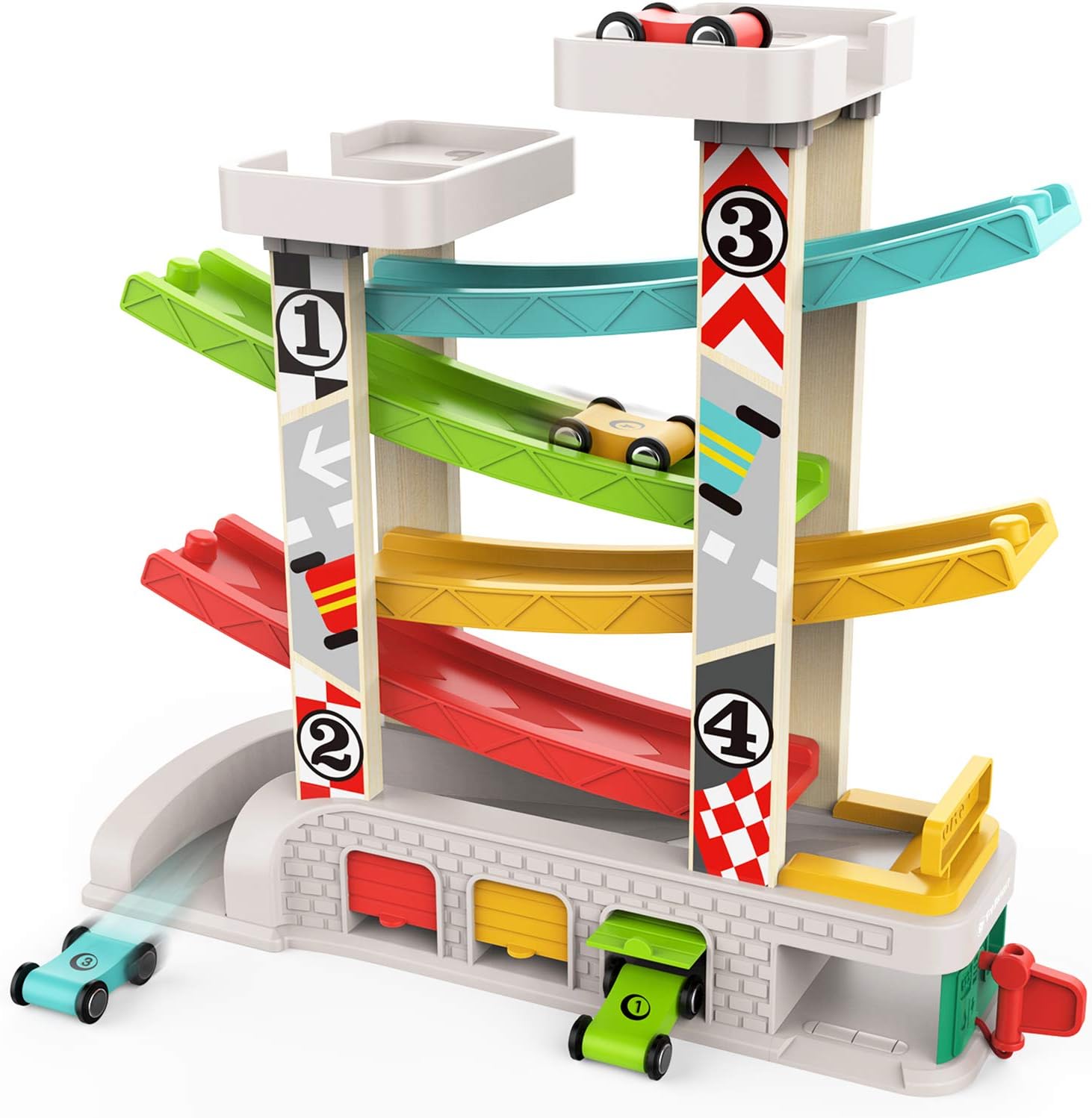 Car Ramp Toy for 2 3 Year Old Boy Gifts, Toddler Race Track Toy for 18 Month Old with 4 Wooden Cars and 3 Car Garage