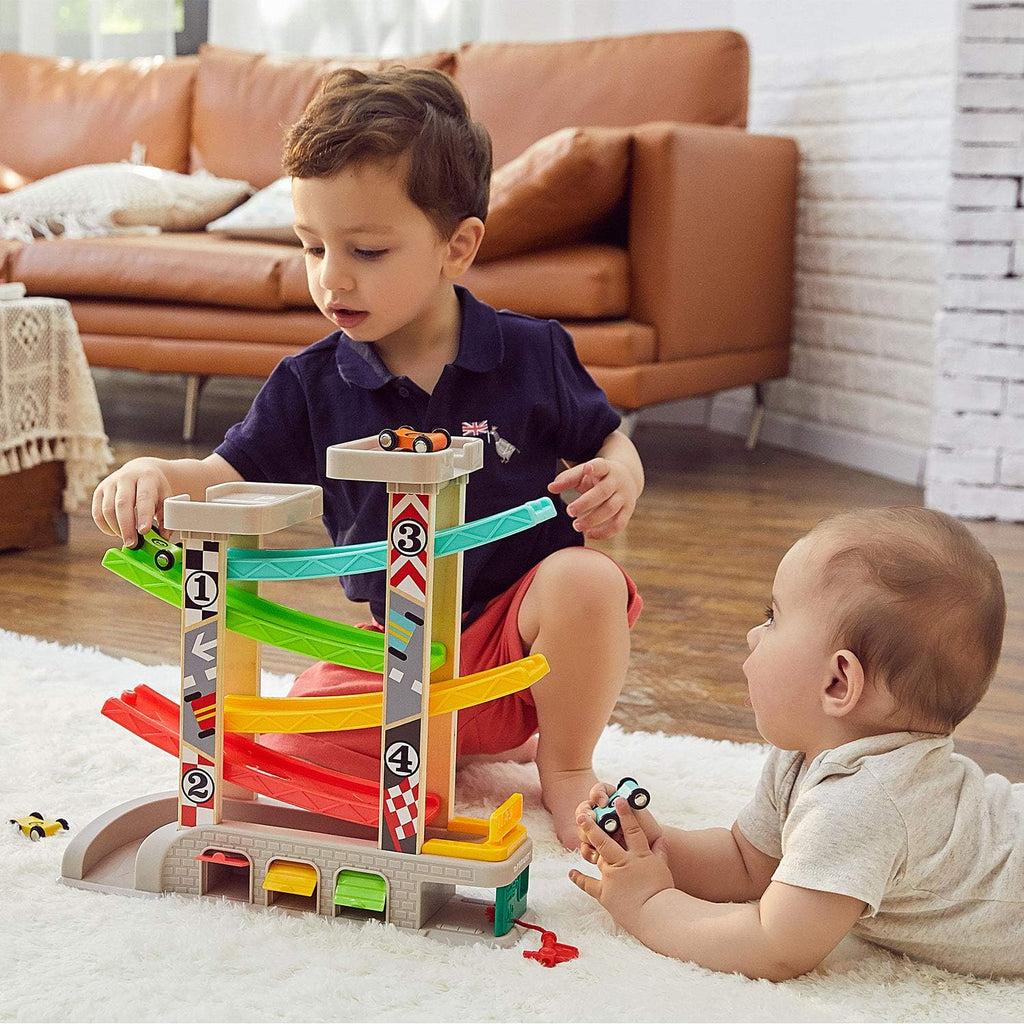 Car Ramp Toy for 2 3 Year Old Boy Gifts, Toddler Race Track Toy for 18 Month Old with 4 Wooden Cars and 3 Car Garage