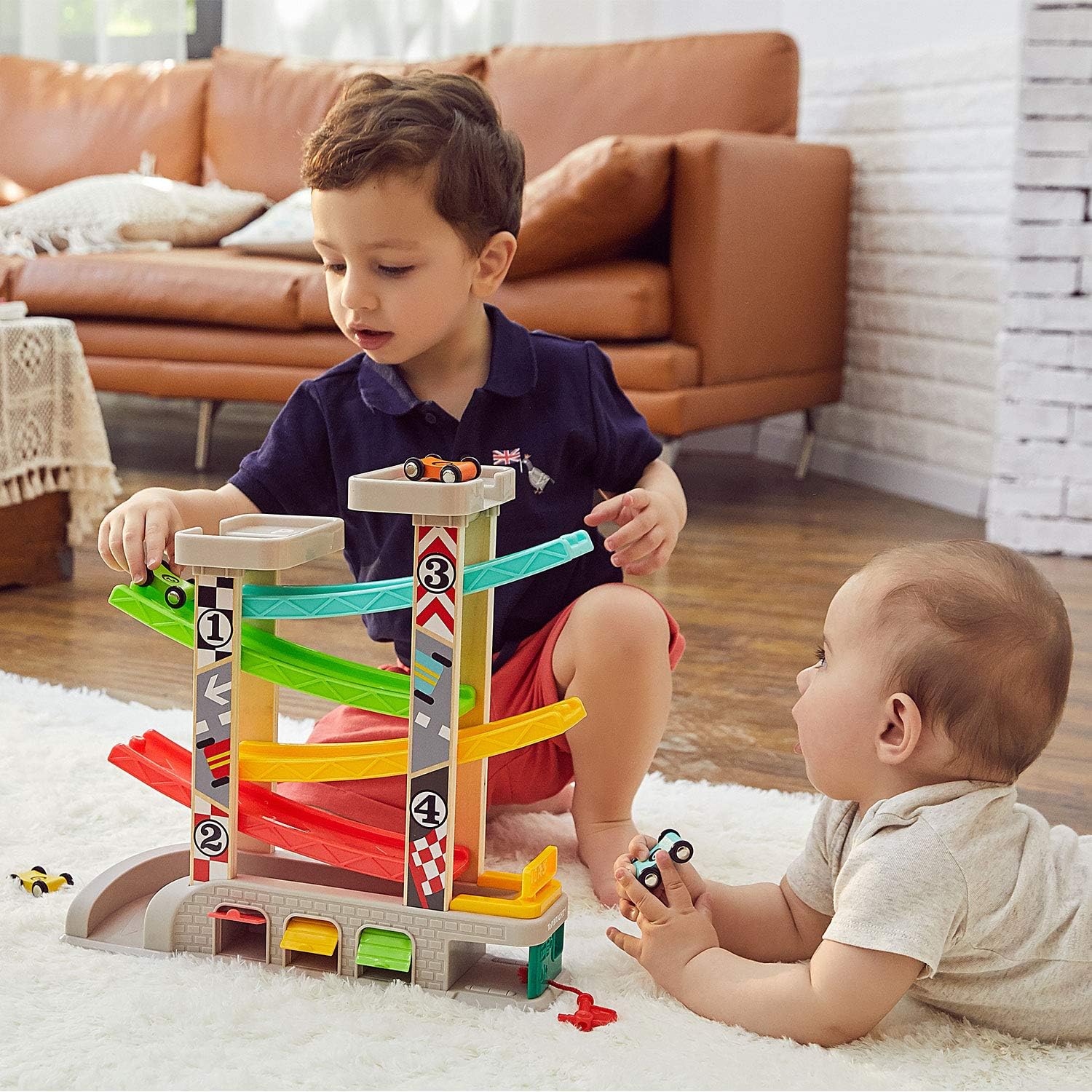 Car Ramp Toy for 2 3 Year Old Boy Gifts, Toddler Race Track Toy for 18 Month Old with 4 Wooden Cars and 3 Car Garage