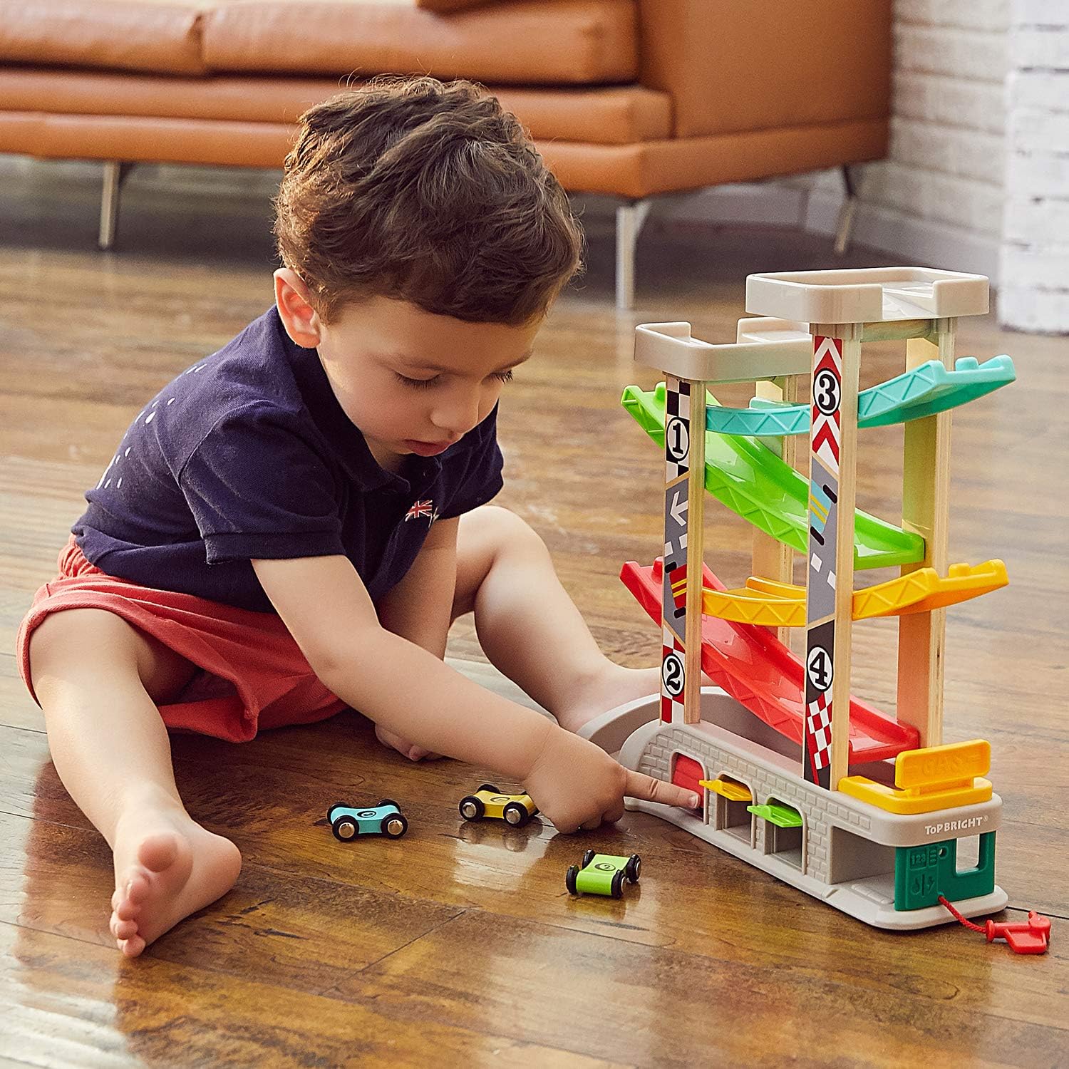 Car Ramp Toy for 2 3 Year Old Boy Gifts, Toddler Race Track Toy for 18 Month Old with 4 Wooden Cars and 3 Car Garage