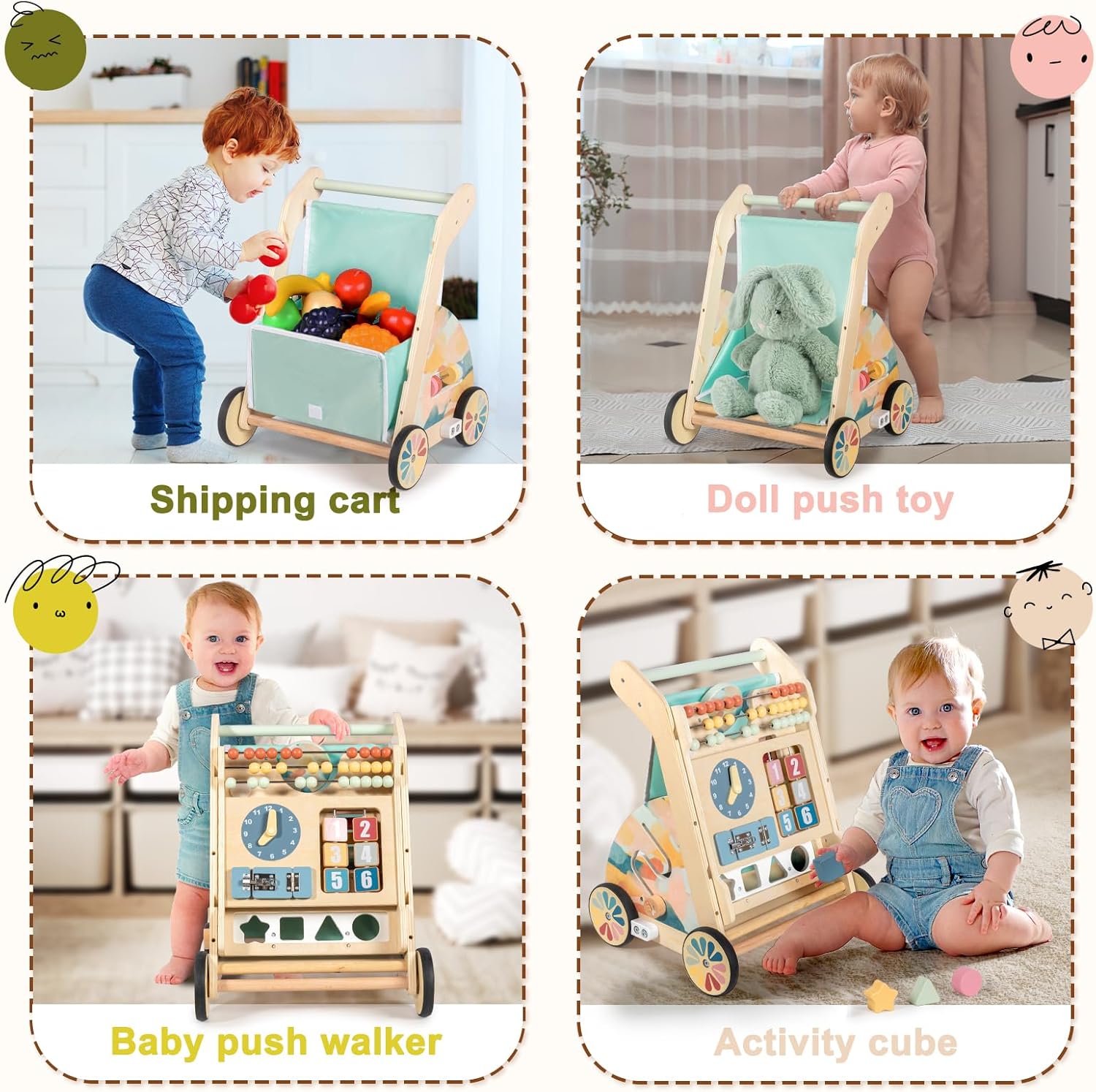 Wooden Baby Walker with Double-Sided Busy Board, Push Walker for Baby with Adjustable Speed Wheels, Activity Learning Walker for Boys 6-12 Months